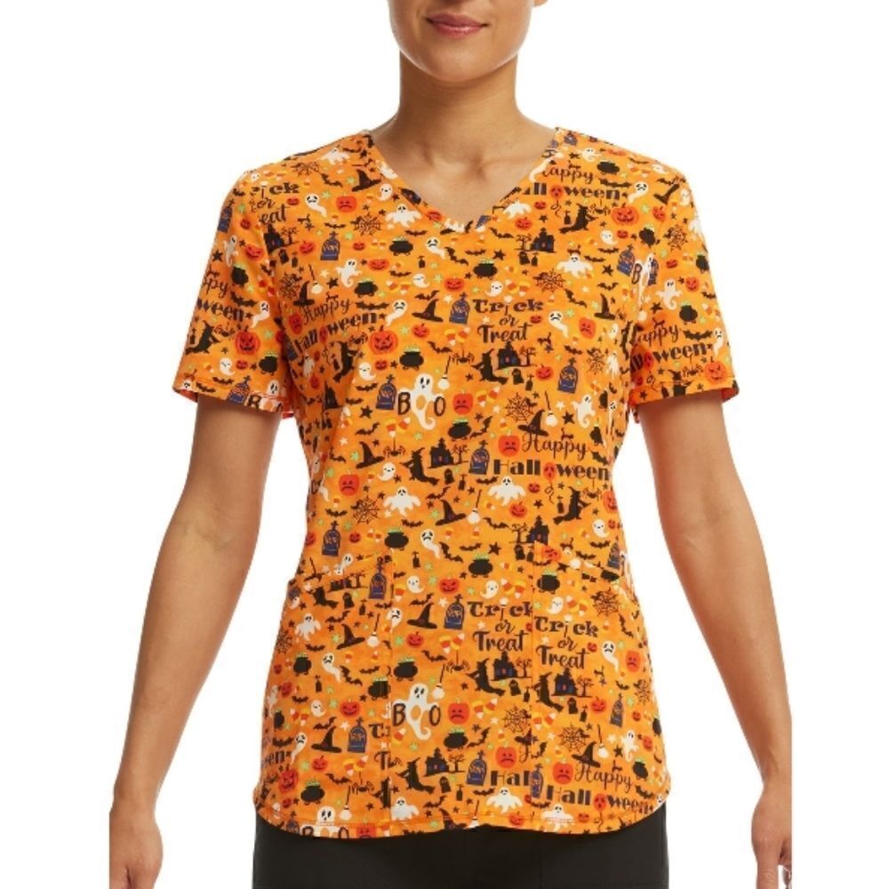 Women's "Pumpkin Palooza" V-Neck Print Scrub Short Sleeve Top Shirt Size M